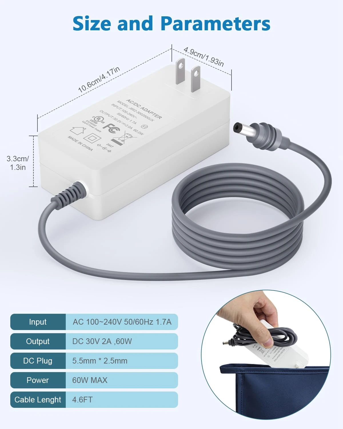 Per Starlink Mini Cavo di Alimentazione Adattatore da 60 W CA a CC 30 V 2 A Uscita 18 AWG Filo Plug and Play con Porta Design Impermeabile