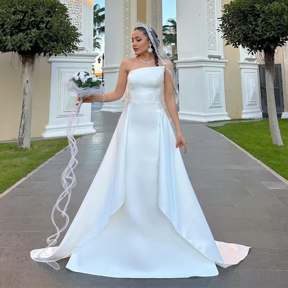 

Zoci Classical White Satin Wedding Dress Long Strapless Lace Up Back Vestidos De Novia Sleeveless Bridal Gowns Customized