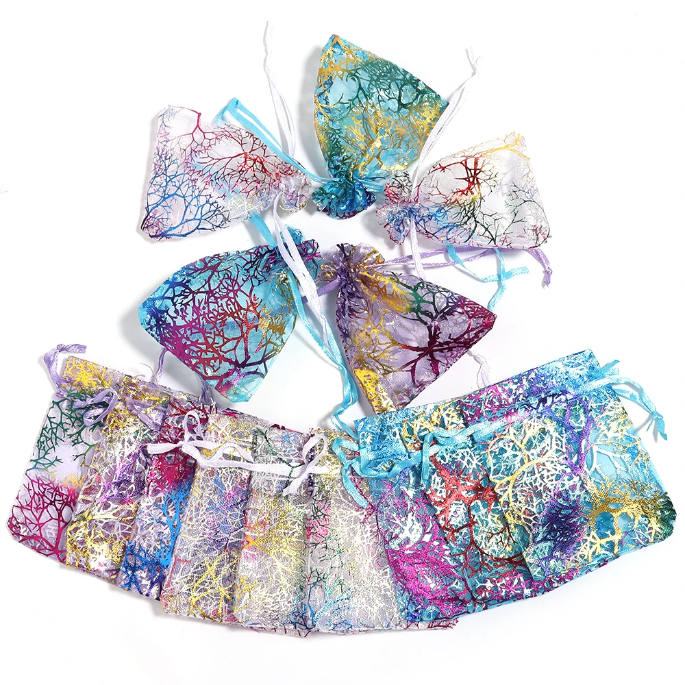 أكياس هدايا برباط من الأورجانزا ، طباعة ألوان الأشجار ، أكياس تعبئة الحلوى ، هدايا عيد الميلاد ، حقيبة تخزين ، 10 في الكثير من المجوهرات