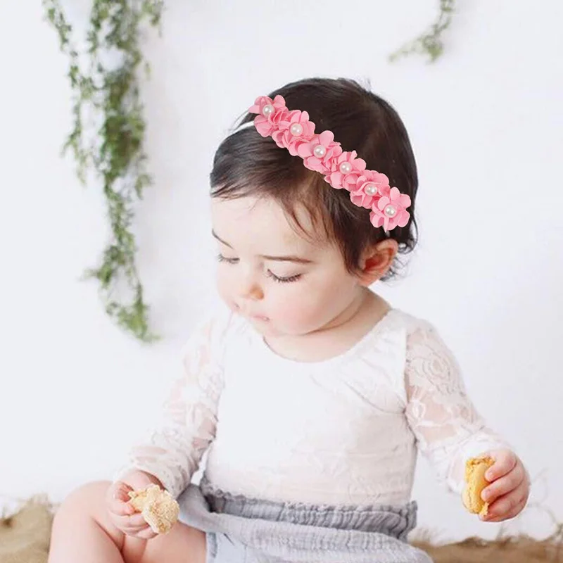 Preciosas diademas para niña, diademas elásticas de nailon con perlas florales para bebé, diadema para recién nacido, accesorios para el cabello