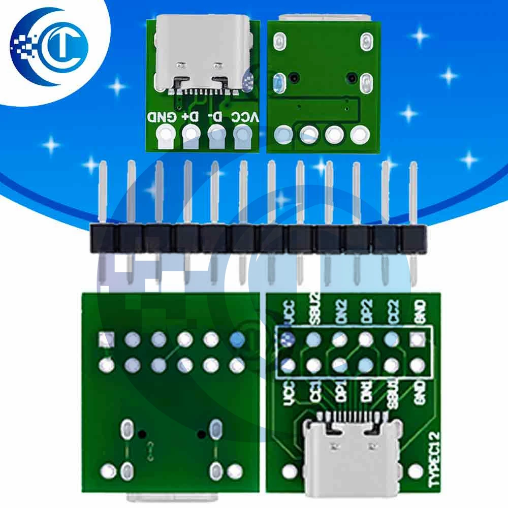 Solderable USB Type-C-DIP PCB Connectors (1PCS/5PCS): Female Pin Headers for Testing & Adapter PCBs
