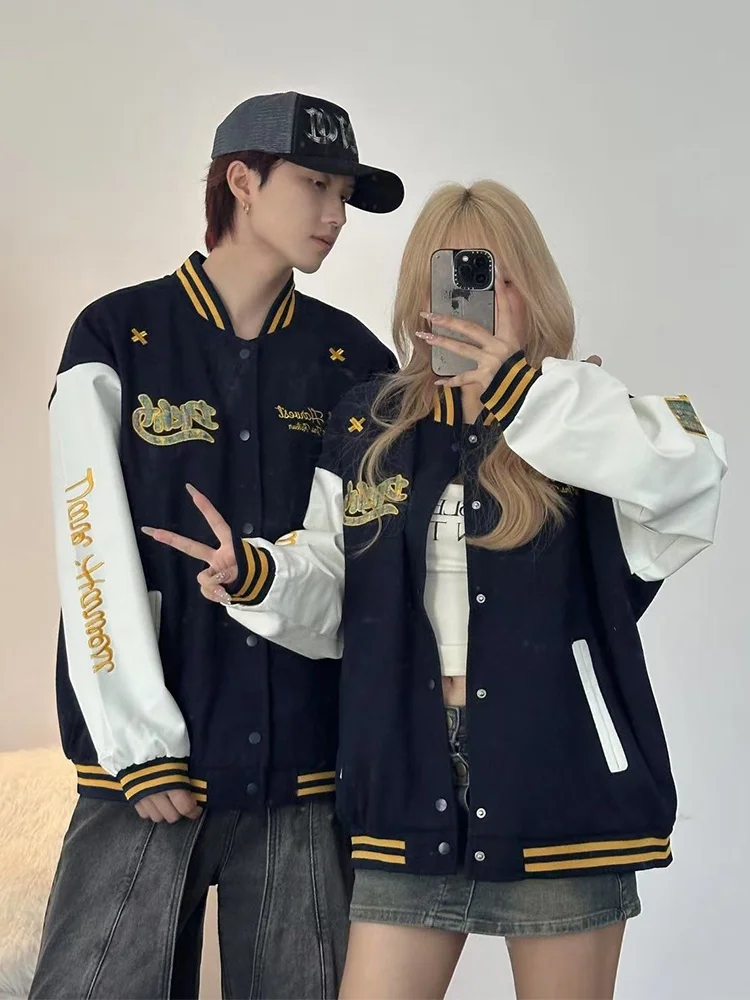 Chaqueta de Béisbol Estilo Americano Hoada para Parejas, Diseño de Bloques de Color con Parches, Prenda Exterior con Insign...