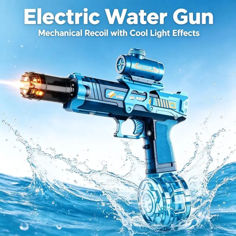 2026 Electric Water Gun with Mechanical Recoil Cool Light Effect Automatic Continuous Shooting Summer Water Play Gift for Kids