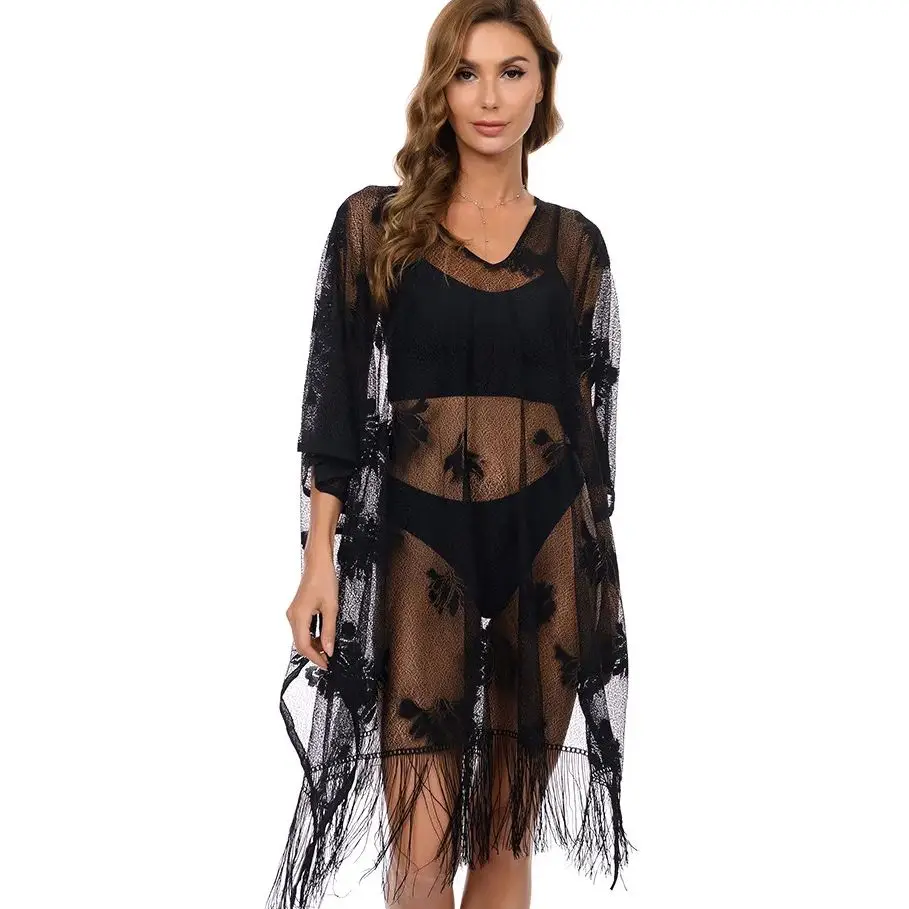 

Сексуальный женский купальник из тюля с бахромой, комплект купальника с v-образным вырезом, летнее пляжное платье с рукавами, кружевная ажурная одежда