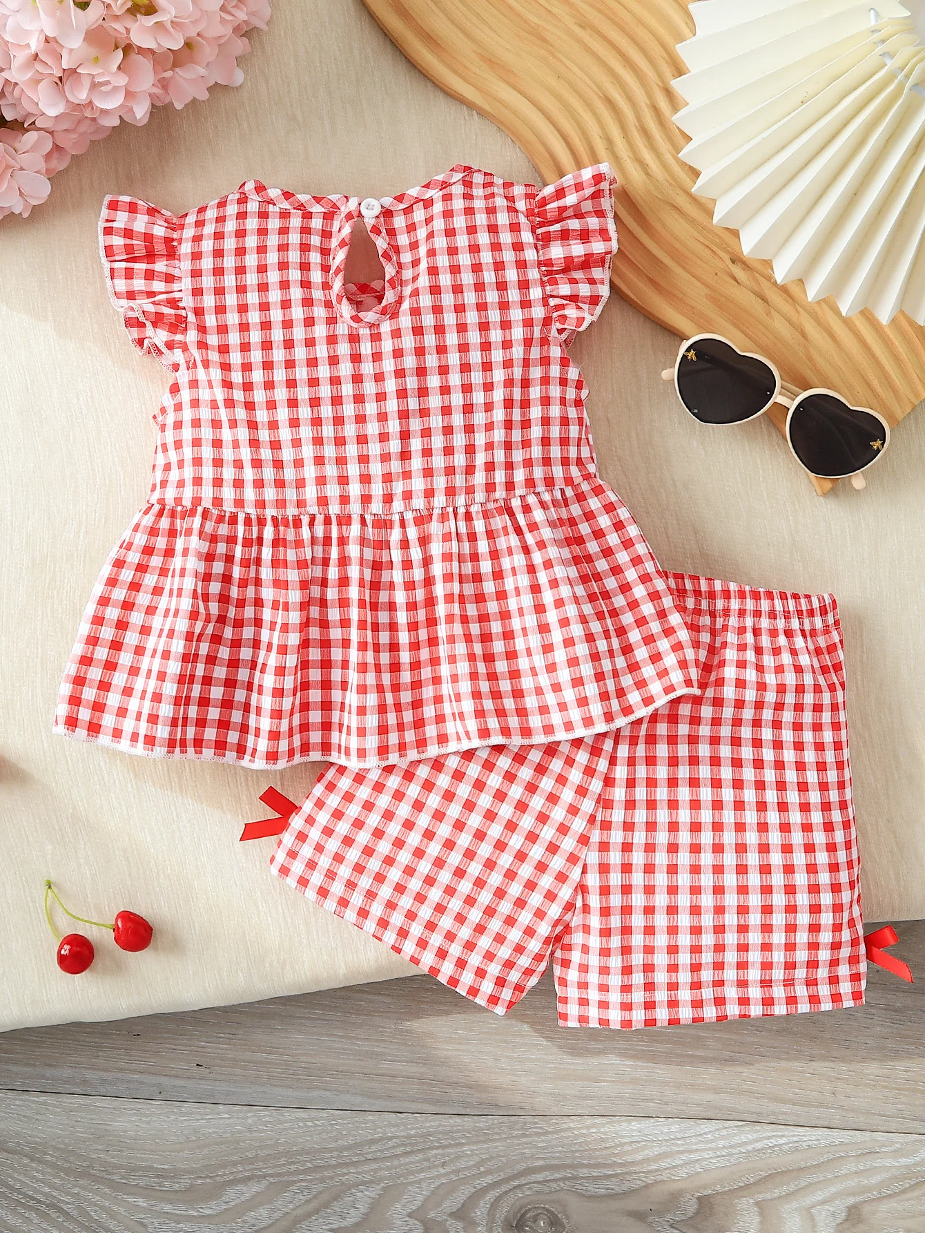 2pcs Summer Baby Girls Red Gingham Set, 0-12M, Ruffle Sleeve Peplum Top & Bow Shorts, Casual Daily/Birthday Party/Photoshoot, Br