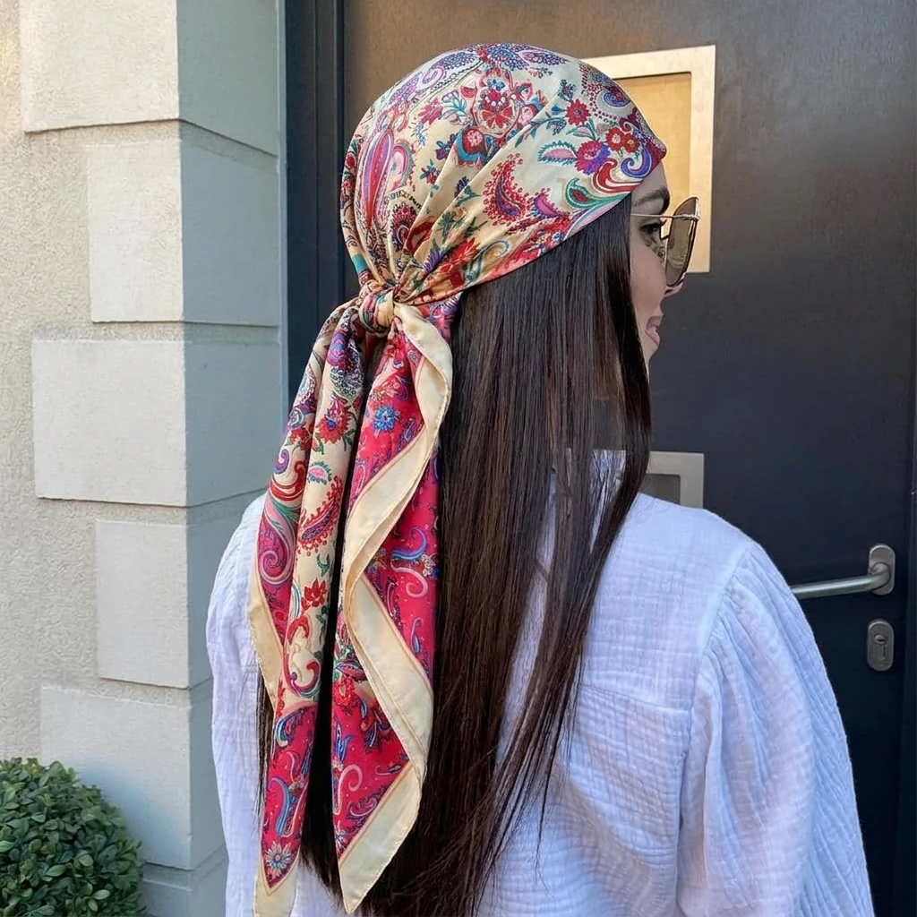 

2026 Silk Shawl Square Scarf For Women Print Headband Foulard Satin Hijab Hair Bands Neckerchief Female Head Wraps Bandana 90cm