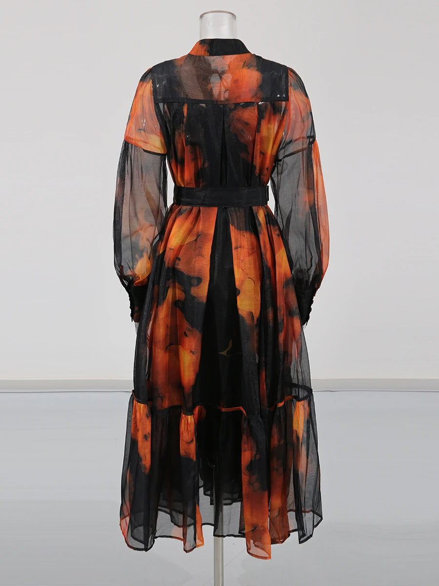 TWOTWINSTYLE Hit couleur ample épissé à lacets robes pour femmes col rond manches longues pure Patchwork plis robe femme nouveau