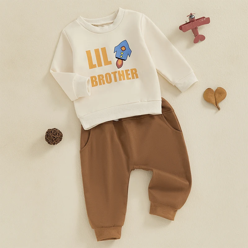 Baby Boy 2Pcs Fall Outfit Long Sleeve Rocket Print Sweatshirt Pocket Pants Set Brother Matching Clothes