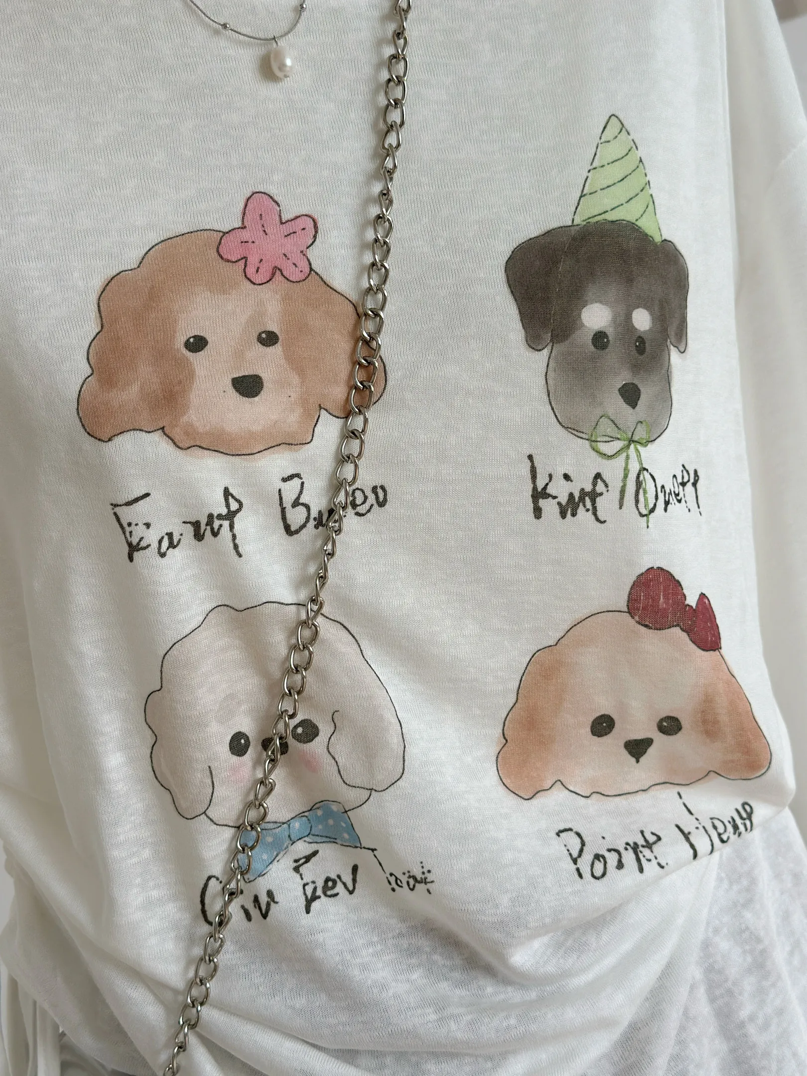 Summer New Korean Style Thin Transparent Sun Protection Cover Shirt Shoulder Exposure Long Sleeve Drawstring Dog Print T-shir...