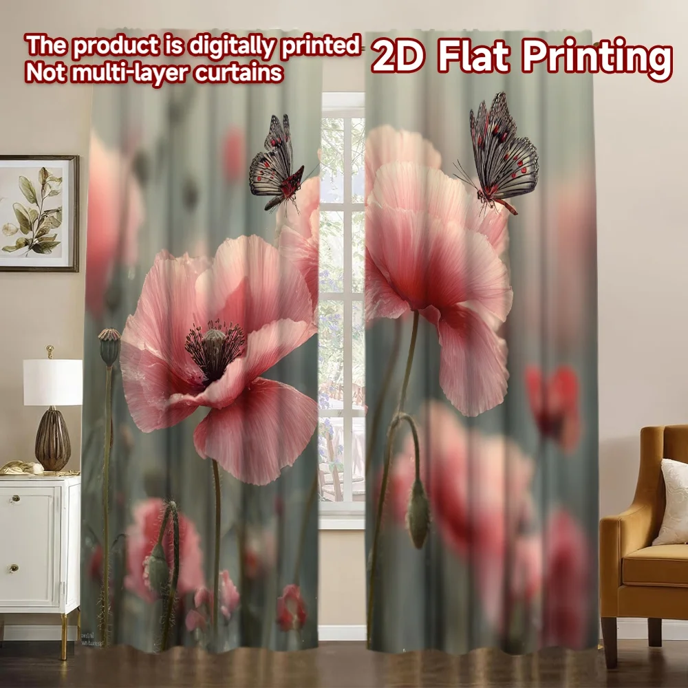 2D FLAT PRINTING 2pcs Curtains (Without Rod) Spring Flowers and Butterflies Chic Light Filtering Curtains Versatile Polyester
