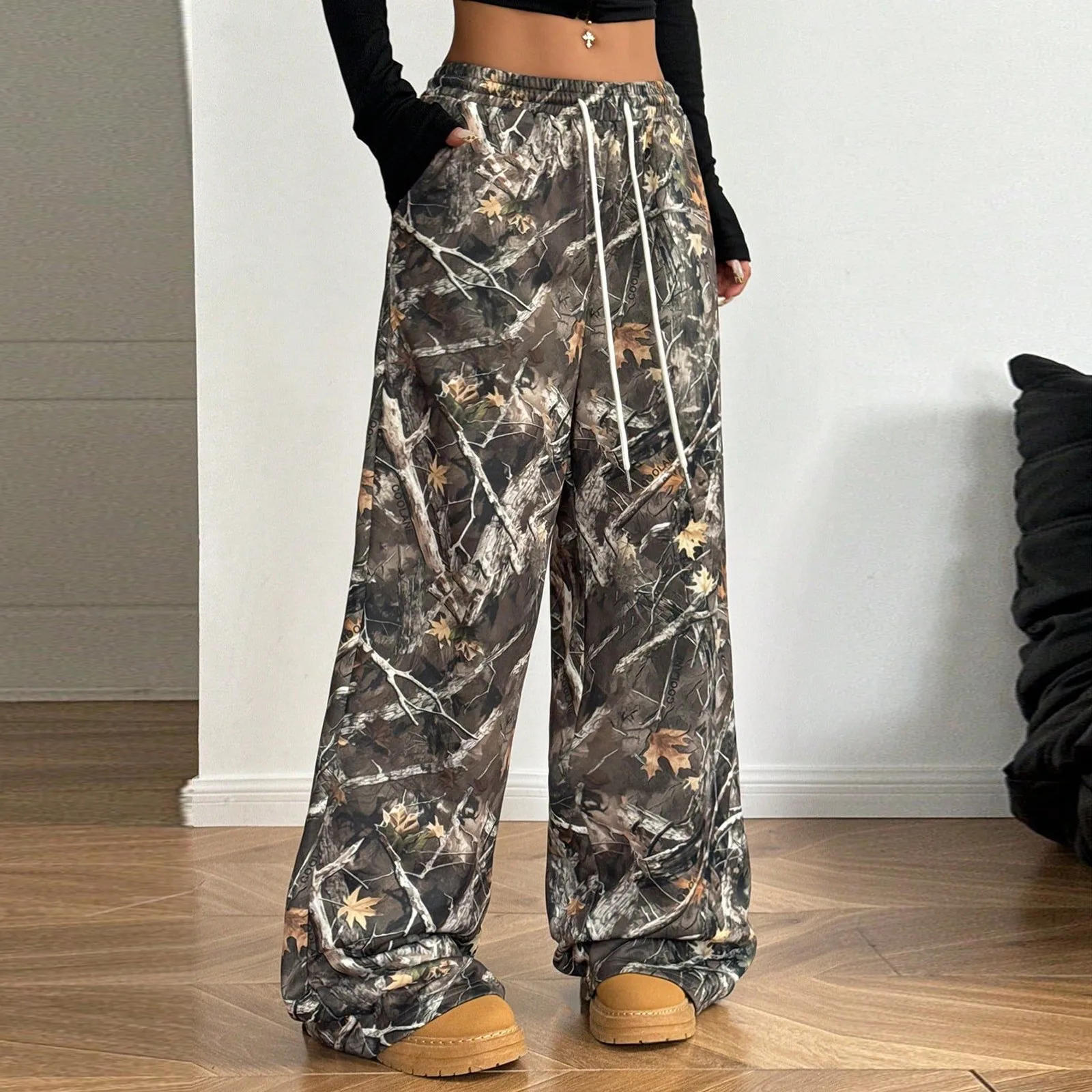 Realtree Damesbroek Winter Amerikaanse Vintage Lange Broek Hoge Taille Wijde Pijpen Uitlopende Broek Y2k Camo Print Sport Zweetbroek