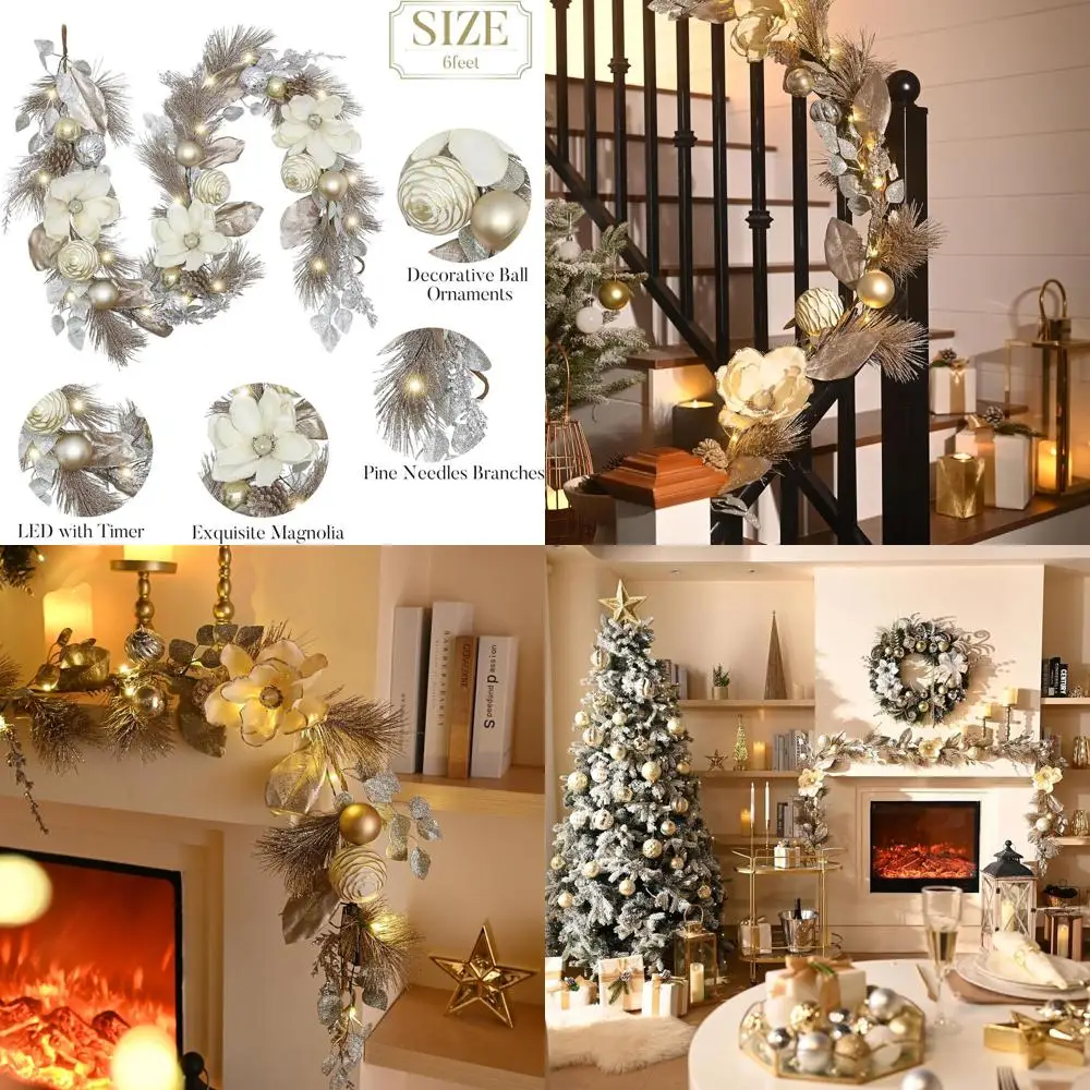 

Pre-Lit 6ft Christmas Garland with White & Gold Balls and Magnolia for Mantel, Stairs, Fireplace, and Table Centerpiece