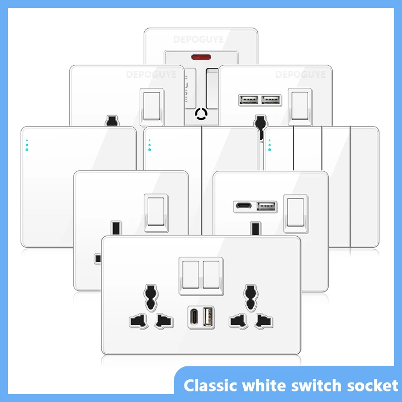 

UN UK RU Standard Wall Light Switch Power Socket,18W Plug Type-C USB Quick Charging Universal 5-pin Tempered Glass Socket Outlet