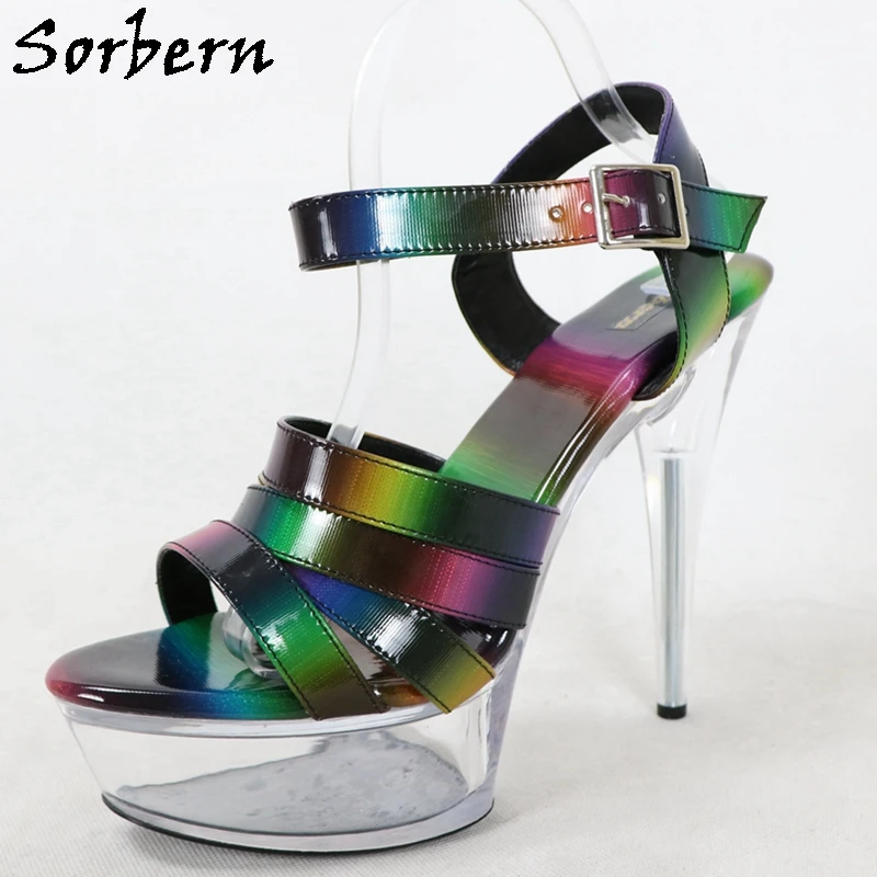 

Sorbern Colorful Wide Straps Sandal Slingback Perspex High Heel 15Cm Stilettos Transparent Platform Summer Shoes Multi Color