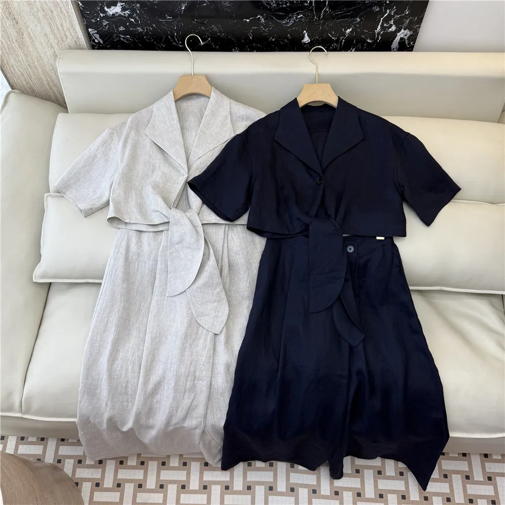 

Breathable Waisted Linen Short-Sleeve Shirt With Wide-Leg Trousers Women's Set