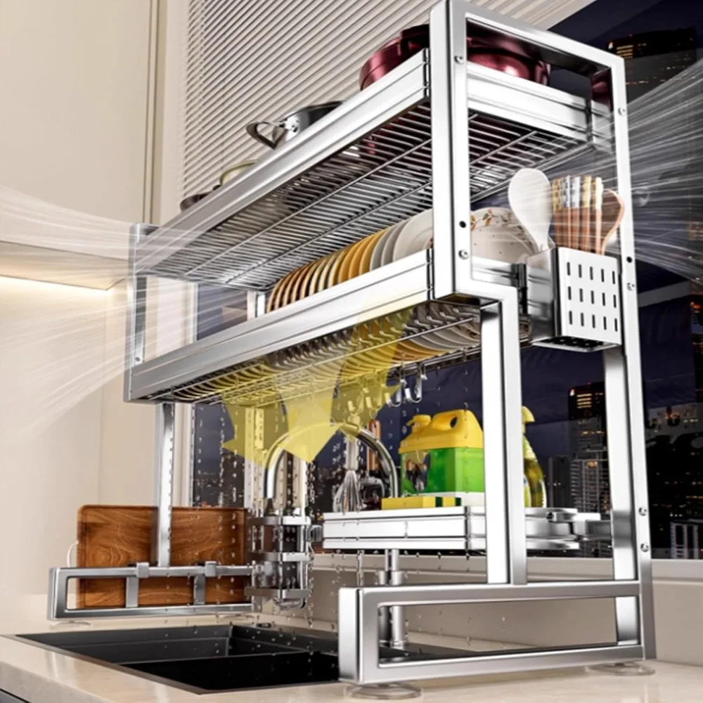 

Многофункциональная подставка для посуды из нержавеющей стали для кухонной мойки, над слив для посуды, компактное решение для хранения посуды