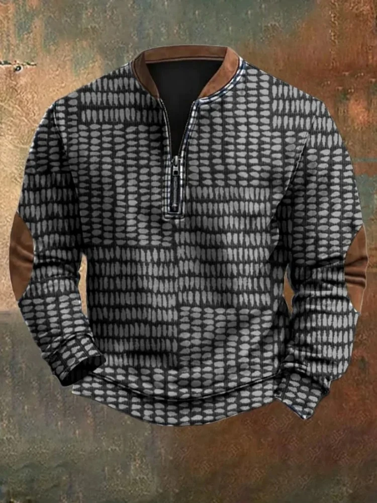 Men's Autumn 2026 Fashion New Pullovers Vintage 3D Textured Printing Zip-Up Colorblock Long Sleeve Zipper Man Sweatshirts