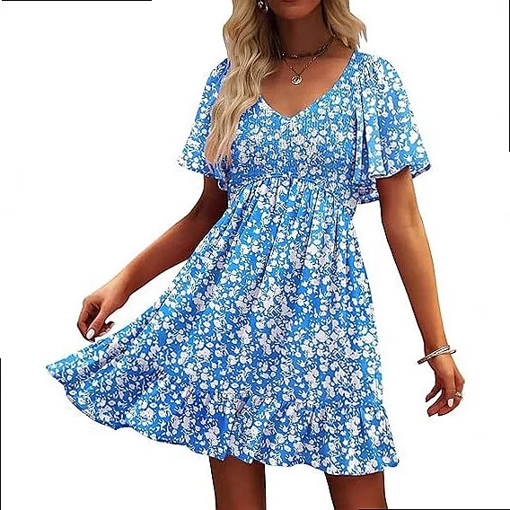 Women's Floral Smocked Backless Tank Dress V Neck Butterfly Sleeve Dresses with Pockets Spring Summer