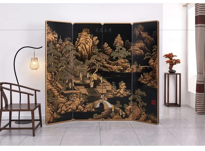 A  Character Landscape Screen Ancient Chinese Style Hand Painted Lacquer Painting Home Decoration Hotel Club Folding Partition