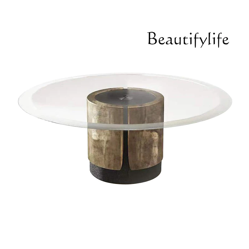 

Italian light luxury glass round dining table creative rotating dining table simple high-grade stainless steel dining table