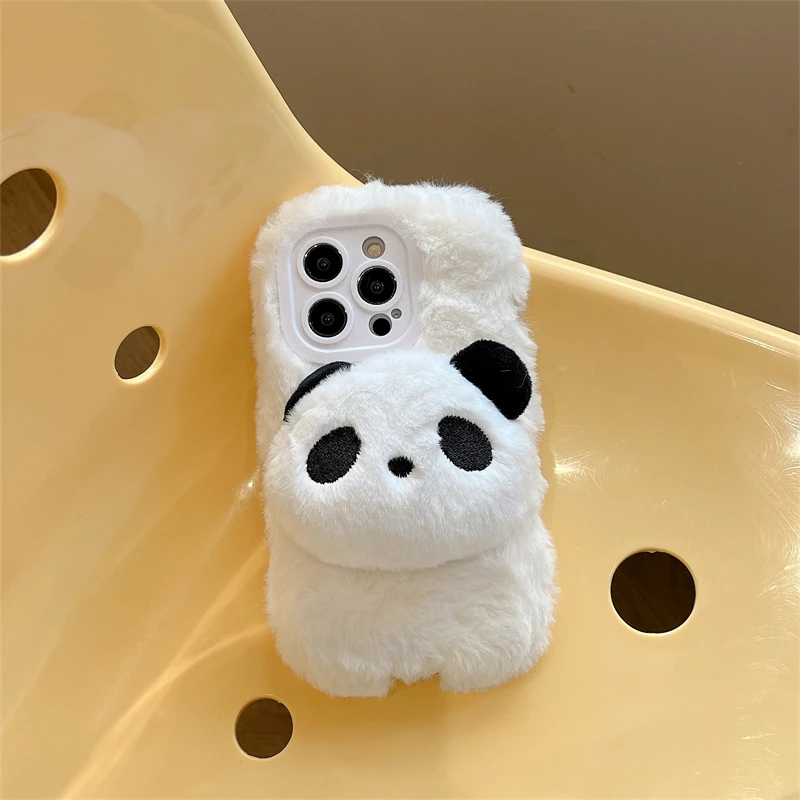 Coque de téléphone en peluche Panda 3D, étui pour iPhone 16 Plus 15 Pro Max 14 13 12 11, fourrure chaude, couverture de dessin animé mignon Kawaii