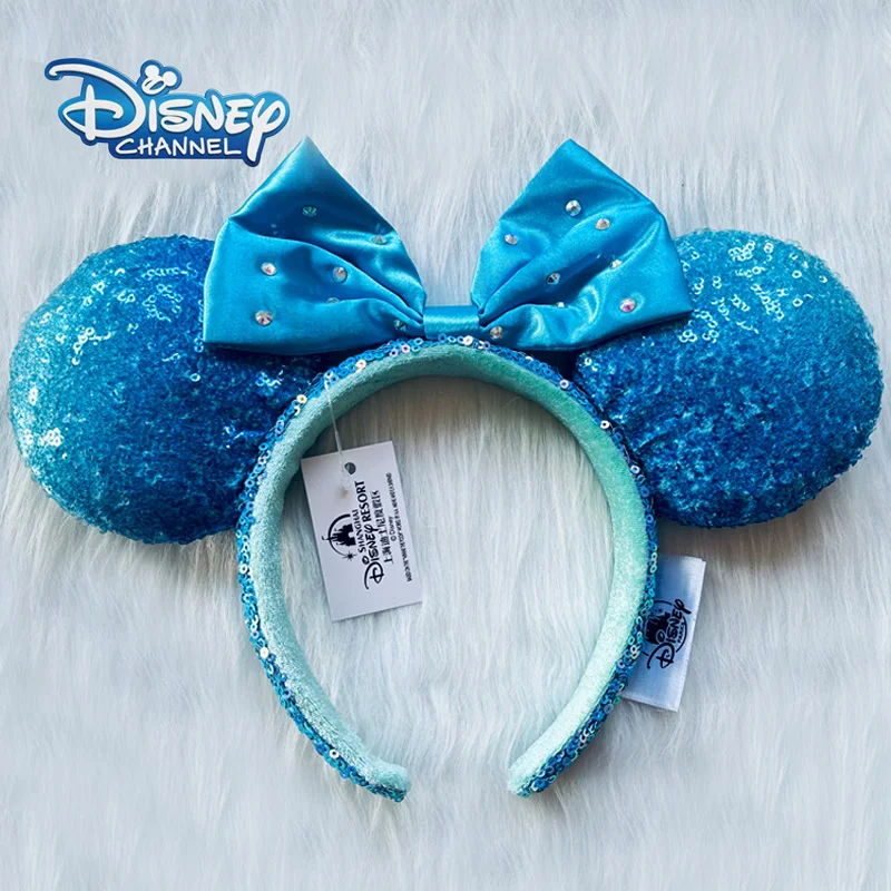 

New Disney Klein Blue Headband Sequins Inlaid Diamond Bow Headband Cartoon Ear Mickey Minnie Ears Adult/Child Headbands