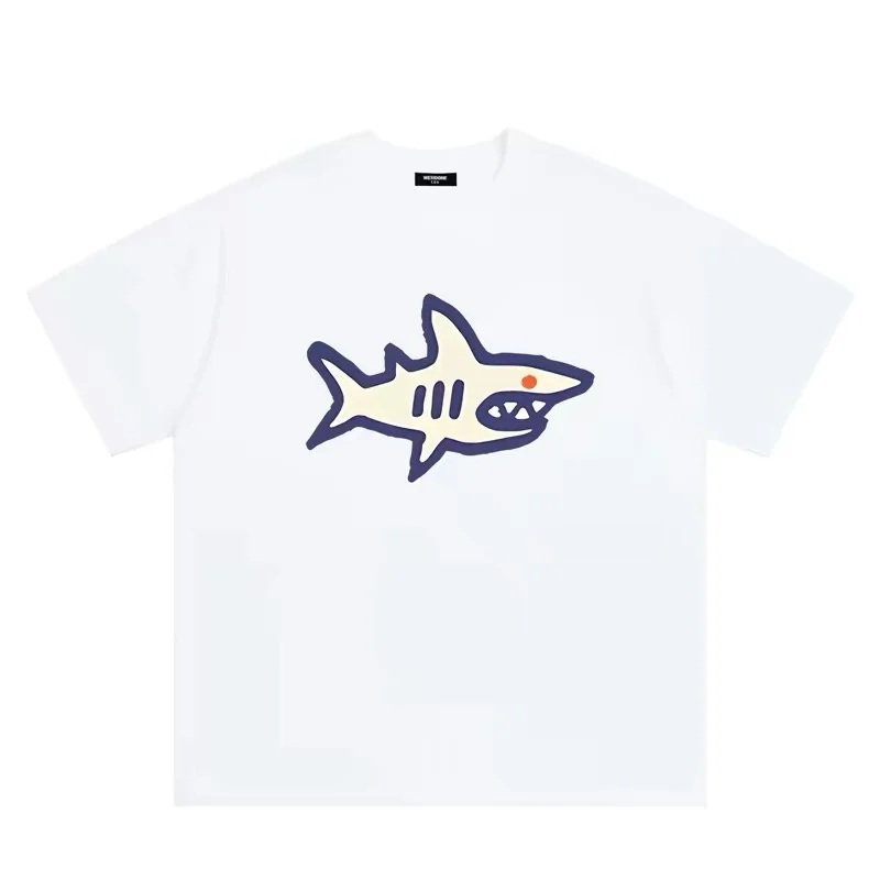 ZAZOMDE Casual Daily Wear Shark Print T-shirt Men Women Retro Simple Graffiti Pattern Breathable Short Sleeve Oversized Tee Tops