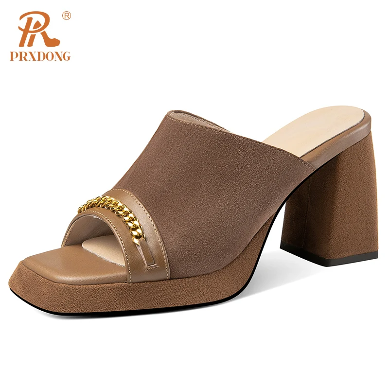 PRXDONG Women Sandals 2024 New Summer Quality Real Leather Chunky High Heels Open Toe Brown Coffee Dress Party Female Sandals