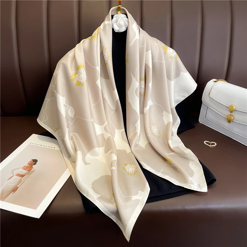 Fashion 90cm Hair Shawl Scarf 2023 Design Twill Silk Square Foulard Female Summer Sunscreen Wraps Bandana Hijab Accessores