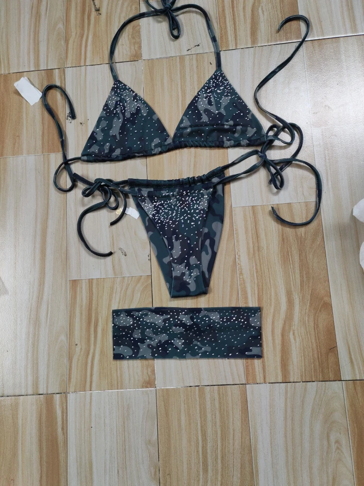 Camouflage Rhinestone 3 Piece Bikini Set Women Tie Side Triangle Swimsuit Matching Headband Y2K Grunge Summer Beach Bathing Suit