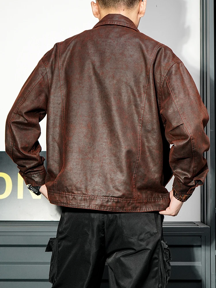 香港ハイエンドアメリカンレトロレザージャケットメンズ春秋バイクルーズパイロットレッドコートレザージャケット