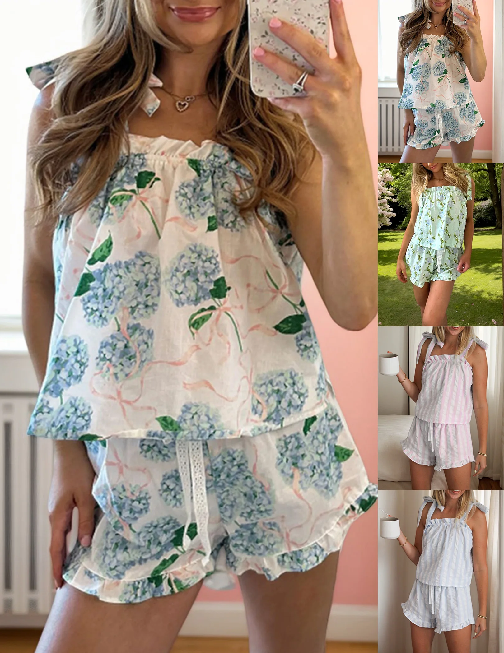 Womens Sexy 2 Piece Casual Pajamas Set Tie Shoulder Backless Tops Wide Leg Shorts Pjs Set