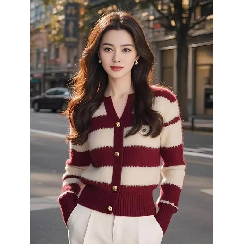 الملابس النسائية أزياء أنيقة مخطط سترة متماسكة الخريف الشتاء جديد الحلو كل مباراة الخامس الرقبة البلوزات سيدة طويلة الأكمام قمم #2