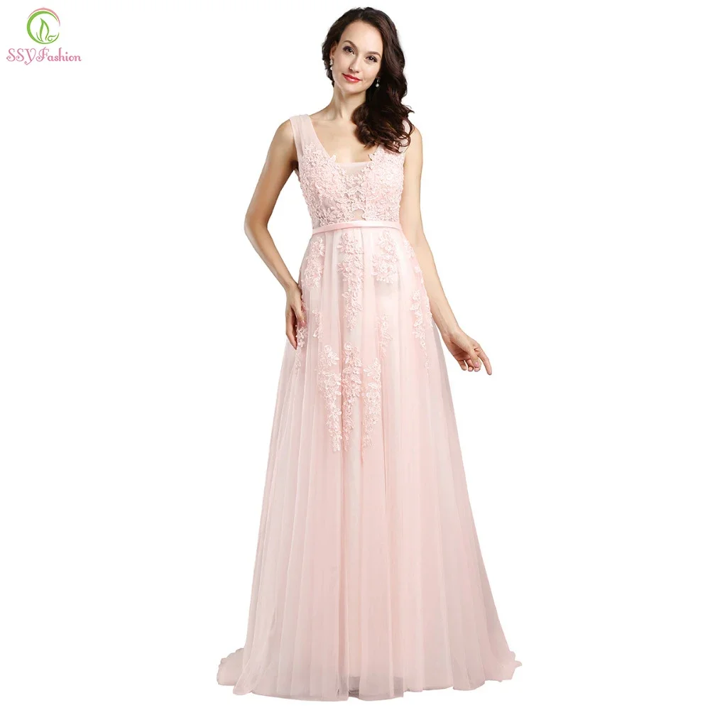 

Clearance Sales SSYFashion Sweet Pink Lace Beading Long Evening Dresses The Bride Banquet V-neck Backless Formal Party Dresses