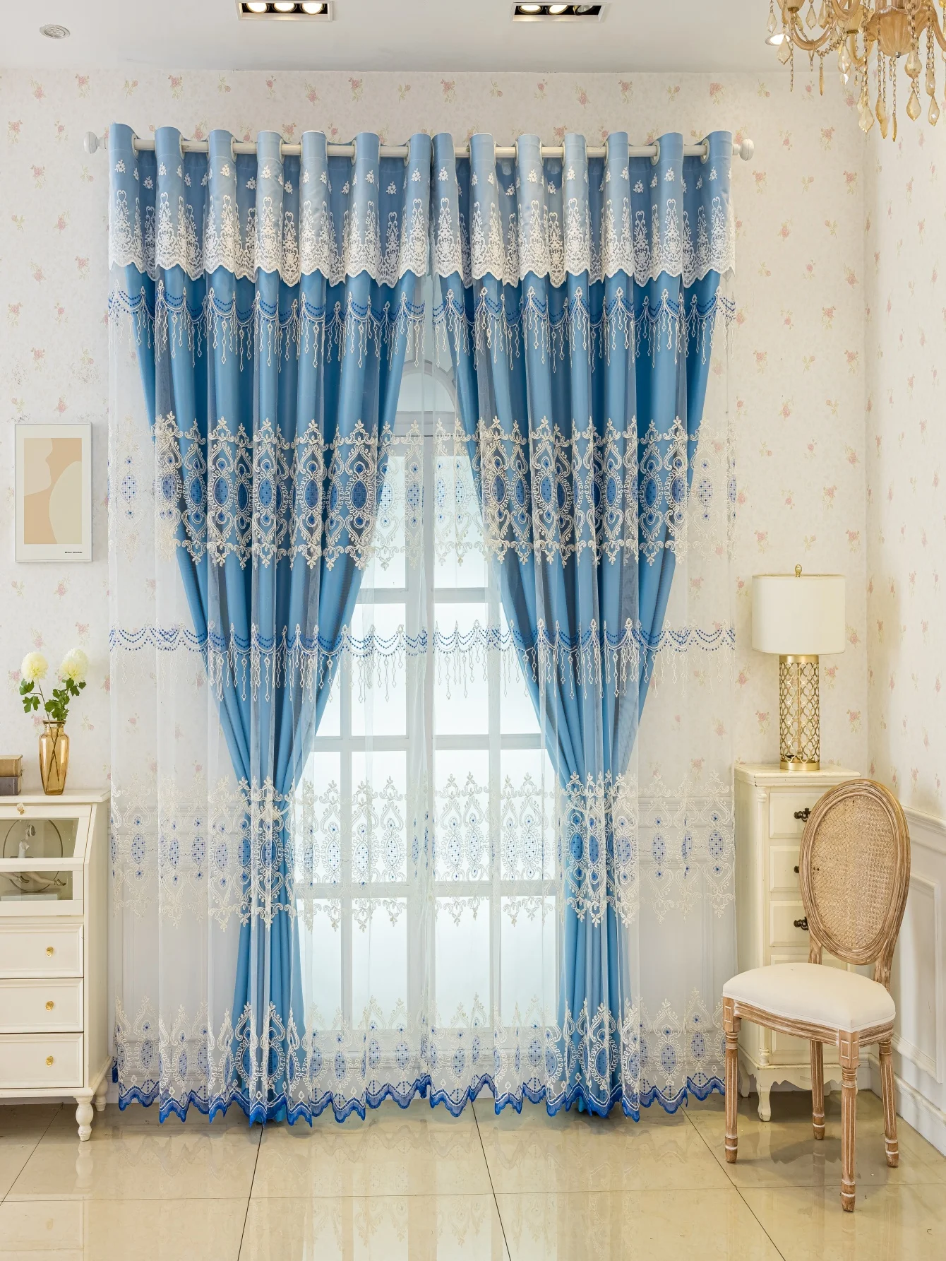 Double-layer Embossed Embroidered Blackout Curtain Gauze All-in-one Lace Gauze Simple Modern Embroidered Gauze Curtain