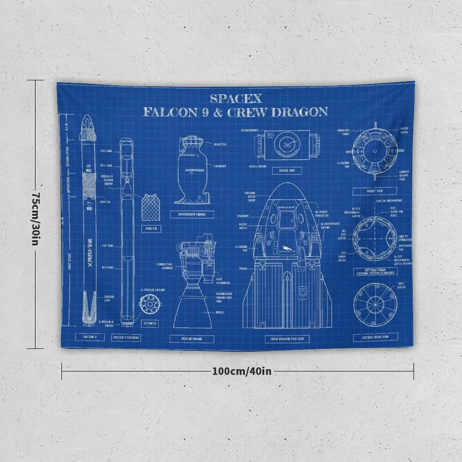 SpaceX: Falcon 9 and Crew Dragon (Blueprint-English) Tapestry Room Decor For Girls Home Decor Accessories Tapestry