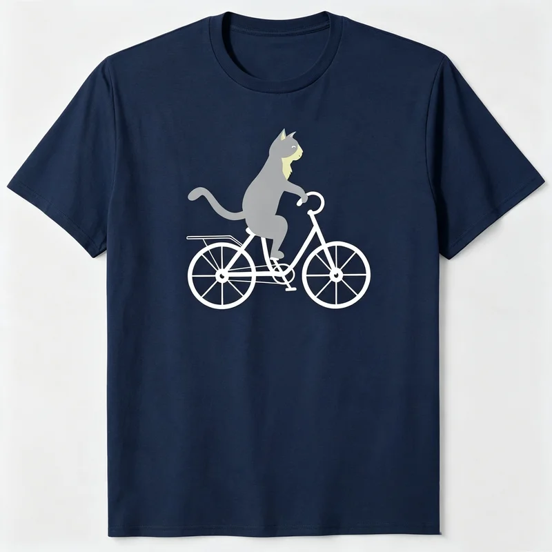 Minimalist Gray Cat Bicycle Art T Shirt Multi Color Options Cotton Short Sleeve Urban Style Daily Gift Tee for Cat Fans Top