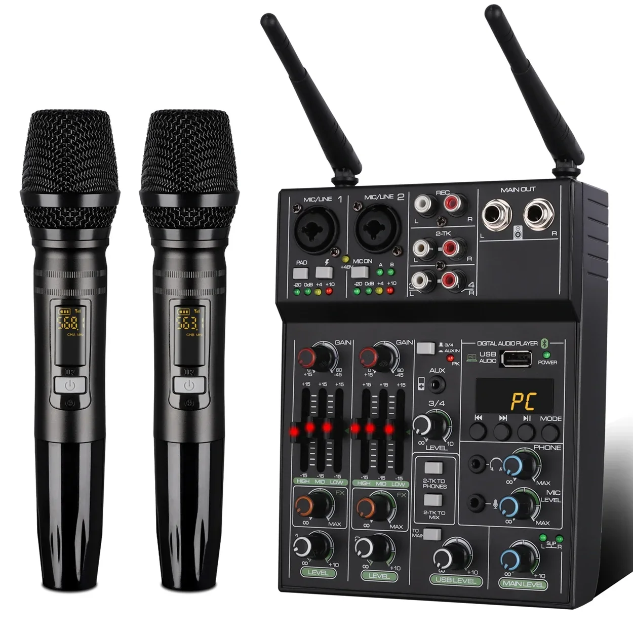 

High Quality Power Audio Mixer With Wireless Microphone Mixer With 2 Microphones For Karaoke