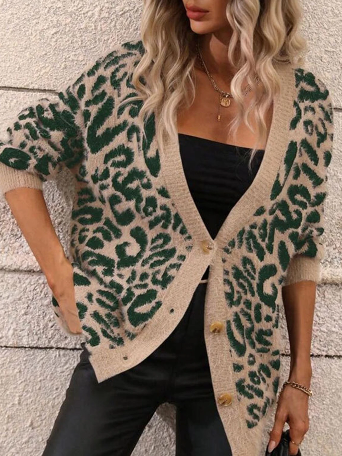 Solto de malha manga longa com decote em v leopardo impressão camisola casaco para mulheres outono inverno novo estilo casual outerwear