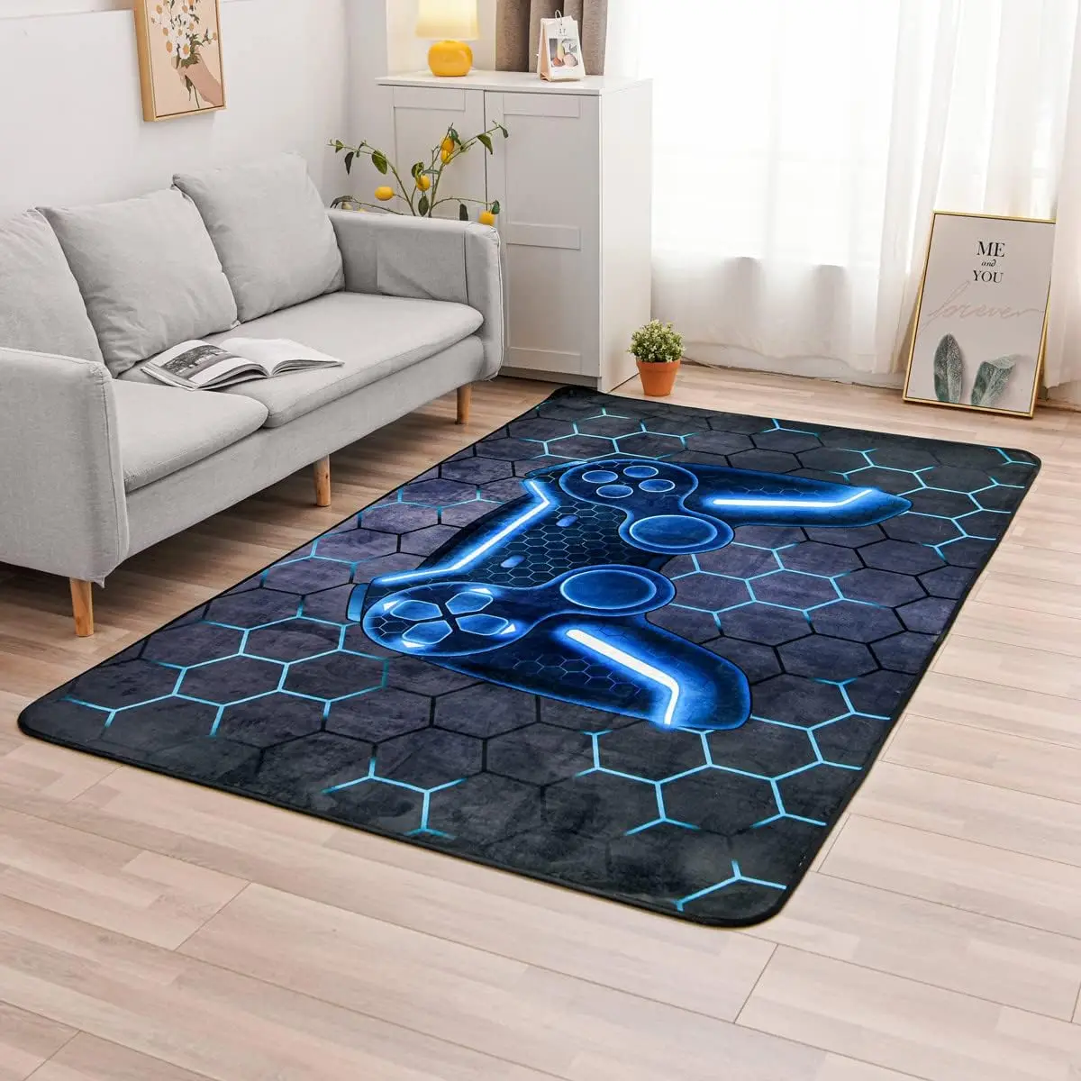 

Cool Neon Game Controller Rug, Hexagon Pattern Non-Slip Floor Mat for Bedroom & Gaming Room, Stylish Tech Home Decor Carpet