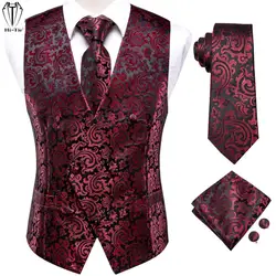 Hi-Tie Red Burgundy Silk Mens Dress Vest Tie Hanky Cufflinks Set Sleeveless Jacqurad Floral Waistcoat Jacket for Male Clothing