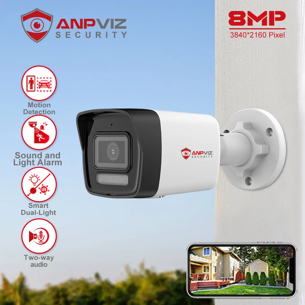 Anpviz 8MP POE IP Bullet Camera Outdoor Smart Dual-Light Color Vu Sound and light alarm Surveillance People/Vehicle Detection