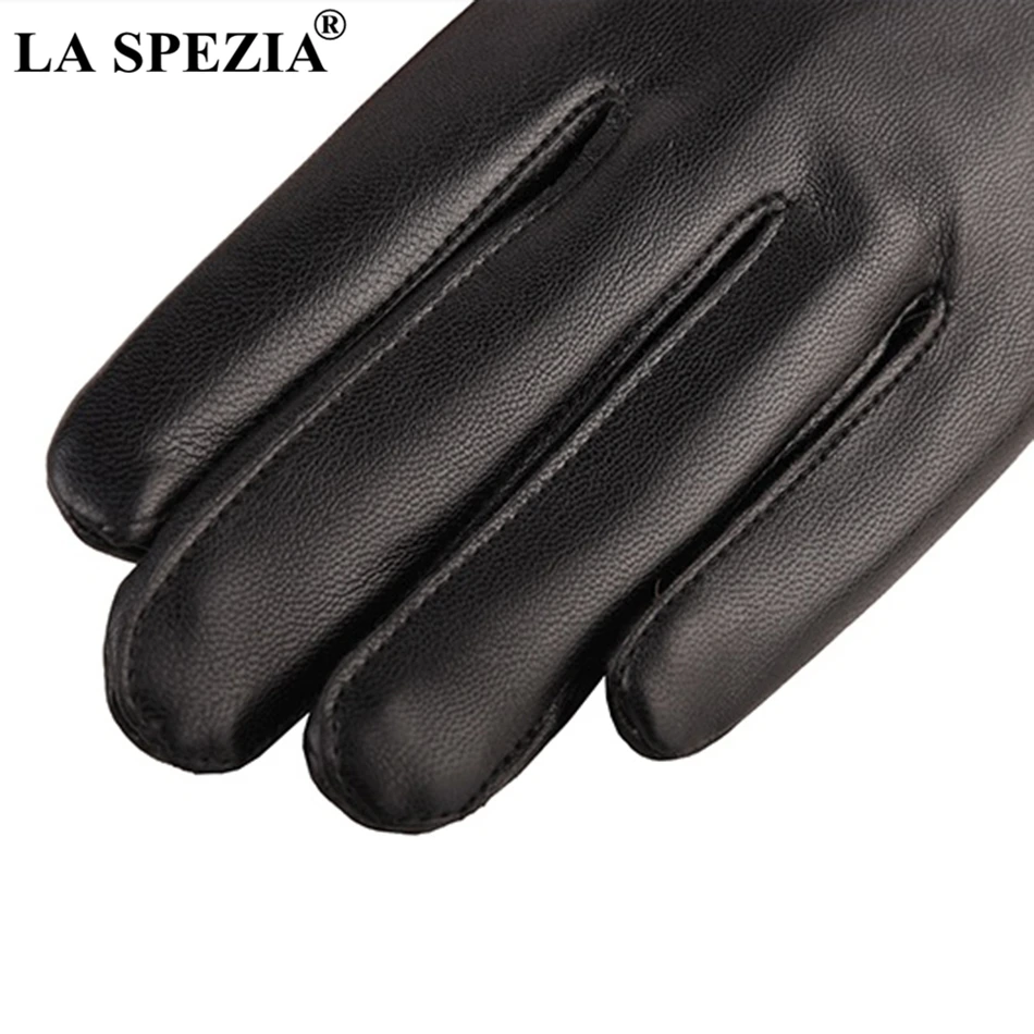 LA SPEZIA Leder Handschuhe Frauen Winter Kaninchen Fell Pom Pom Handschuhe Rosa PU Fleece Damen Elegante Winddicht Touchscreen Handschuhe