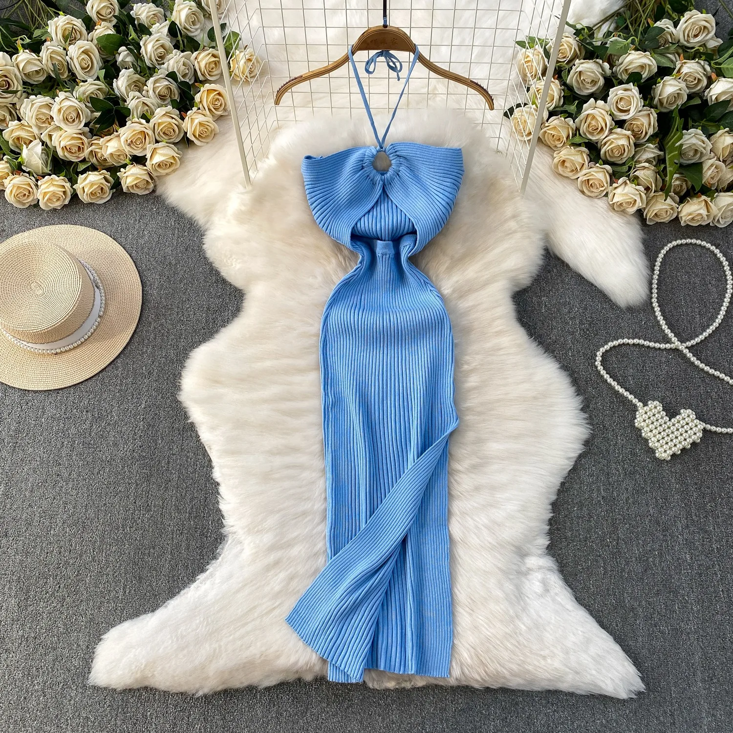 YuooMuoo Estilo de férias sexy envoltório quadris dividir vestido de verão de malha 2026 novo y2k halter magro longo bodycon vestido de festa praia robe