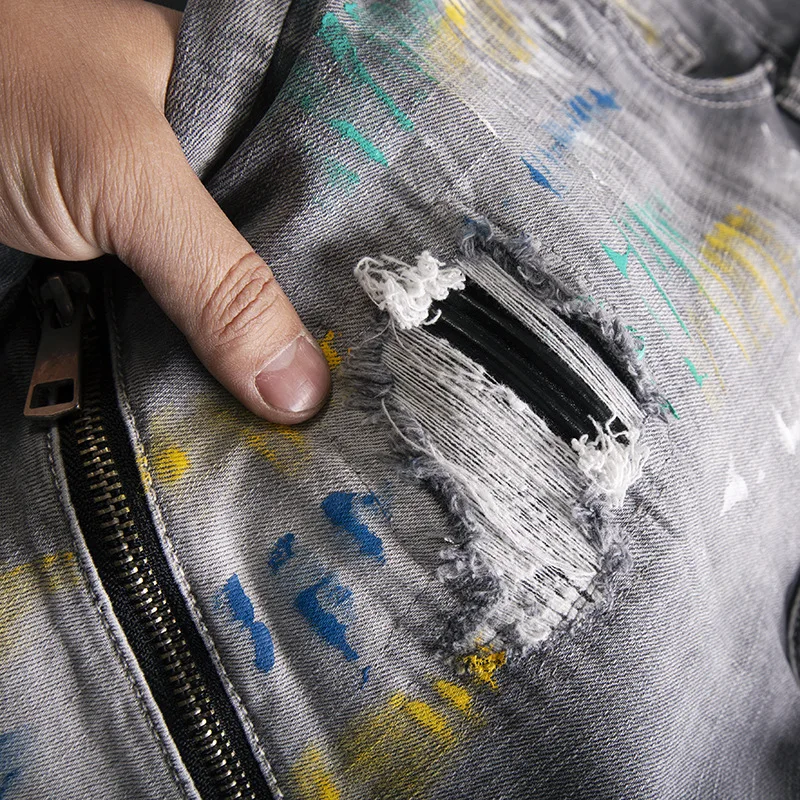 جينز جرافيتي برقعة مكسورة للرجال، مقاس نحيف بأقدام صغيرة، سروال عصري عالي الجودة بحبر مرن ريترو