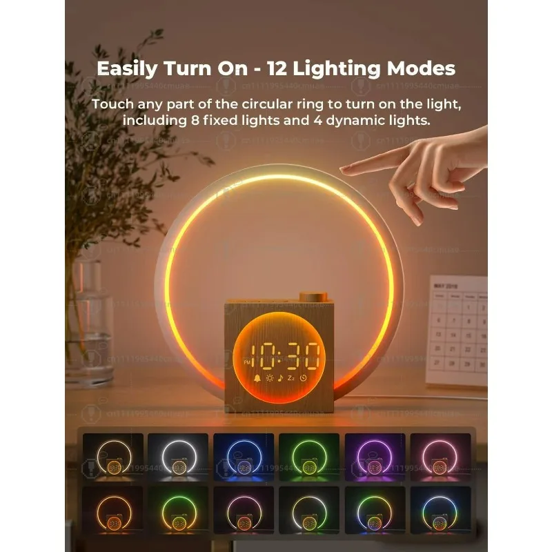 Portable USB charging speaker 12 light modes, wood grain finish, sunrise function white noise wake-up alarm/clock, white