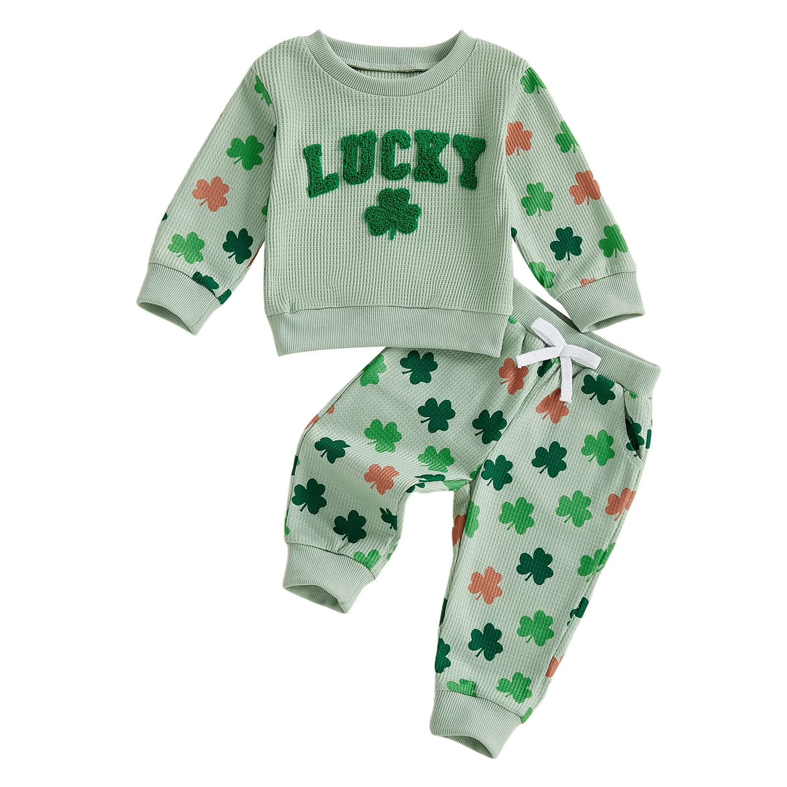 

Toddler Girl Irish Outfits Letter Embroidery Long Sleeve Round Neck Pullover Shamrock Print Pants 2 Pcs Set