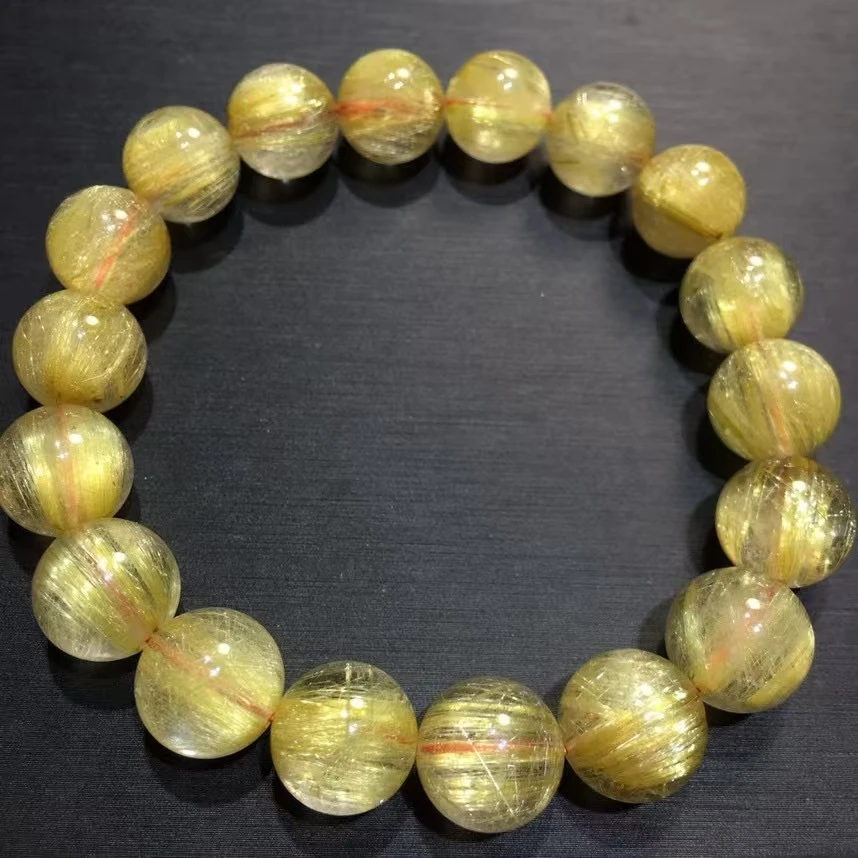 Natural Gold Rutilated Quartz Titanium Clear Round Bracelet 11mm Wealthy Woman Men Clear Round Beads Jewelry Brazil AAAAAAA