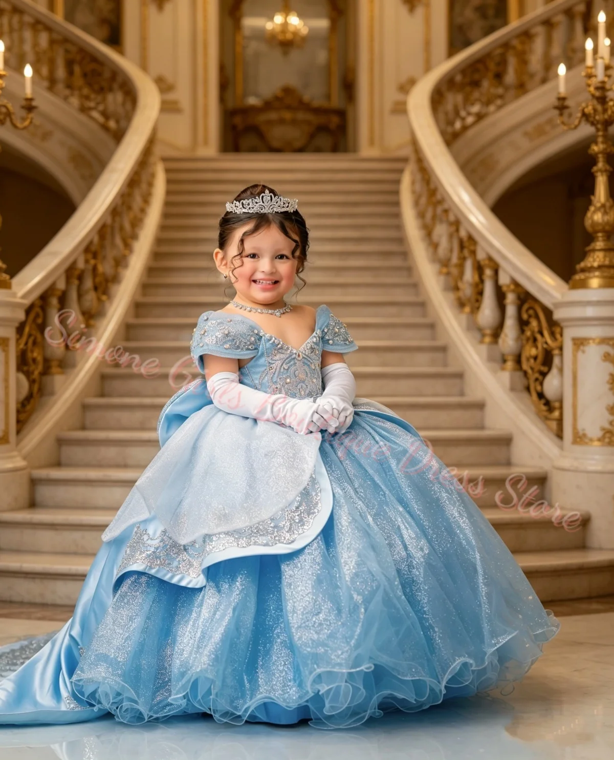 Maßgeschneidertes himmelblaues Blumenmädchenkleid mit floralen Applikationen und kurzen Ärmeln für Hochzeit, Party, Abendbankett, Prinzessinnenkleid