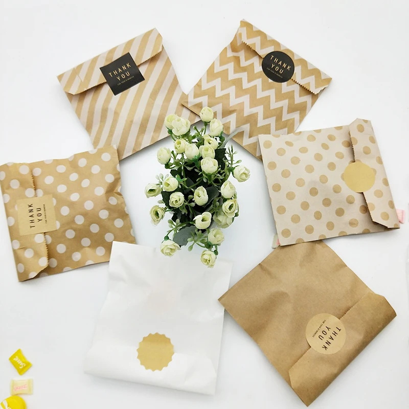 Brown White Wave Dot Kraft Paper Bag 25pcs Candy Biscuit Popcorn Bags Packing Pouch Pastry Tool Wrapping Wedding Party Supplies